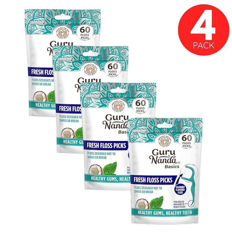 Guru Nanda Fresh Floss Cocomint Flavored Floss Picks – 4-Pack (60 Picks per Pack)